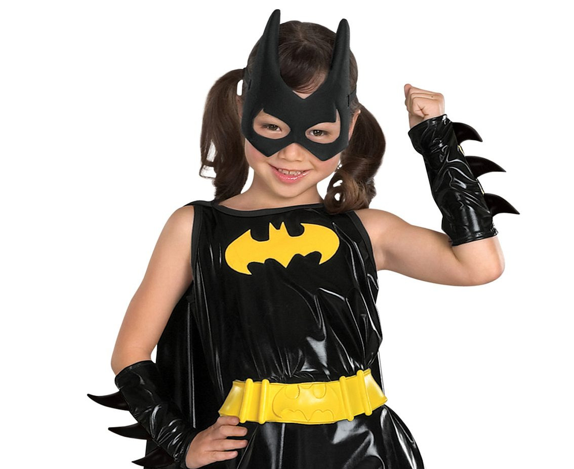 Includes: Batgirl dress with attached cape, belt, boot tops, gauntlets and mask